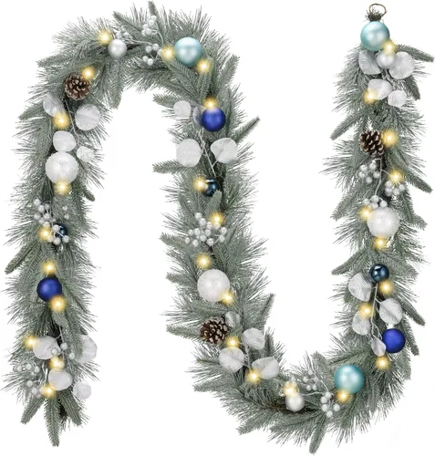 Vista 11 de Valery Madelyn - Guirnalda de Navidad de 1,8 m, preiluminada, con luces, para manto, guirnalda navideña iluminada para exteriores, con bolas