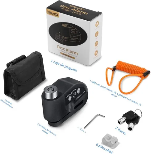 Vista 5 de YOHOOLYO Candado de Disco con Alarma para Motocicleta, Bloqueo de Freno de Disco Antirrobo, Resistente al Agua, 110 dB, Pasador de 7mm, Cable