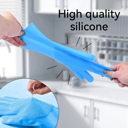 Vista 4 de Silicone Dishwashing Gloves, Kitchen Gloves for Washing Dishes Reusable Waterproof Dishwashing with Cleaning Brush