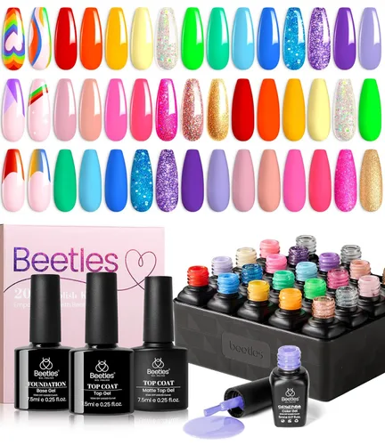 Vista 13 de Beetles - Juego de esmaltes de uñas de gel, 20 colores, rosa, blanco, negro, amarillo, rojo, kit de esmalte de gel con purpurina con calcomanías