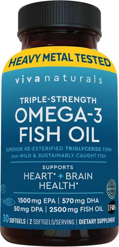 Viva Naturals Aceite de Pescado Omega-3, Triple Fuerza, 2500 mg, 30 Cápsulas Blandas – Ácidos Grasos Omega 3 Re-Esterificados Incluyendo EPA, DHA,