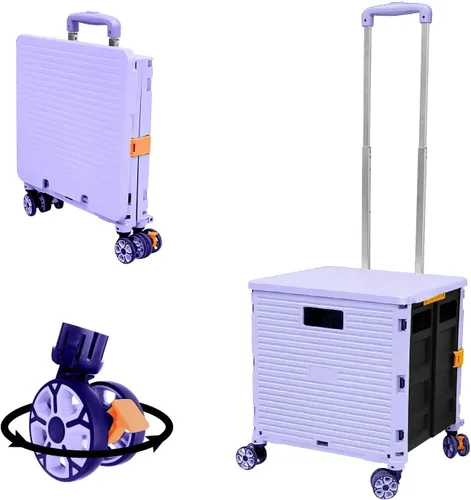 Vista 15 de Carrito plegable portátil con ruedas para compras, 4 ruedas giratorias con mango telescópico de plástico duradero y resistente, para viajes