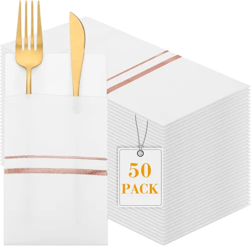 Vista 11 de Roshtia Paquete de 100 servilletas desechables de lino con bolsillo integrado para cubiertos con ribete dorado, papel preplegado para bodas