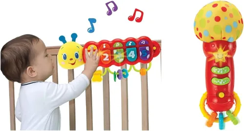 KiddoLab Bundle: Juguete musical de cuna Lira Caterpillar y micrófono para bebé intermitente - Esenciales para el tiempo de juego que mejoran la