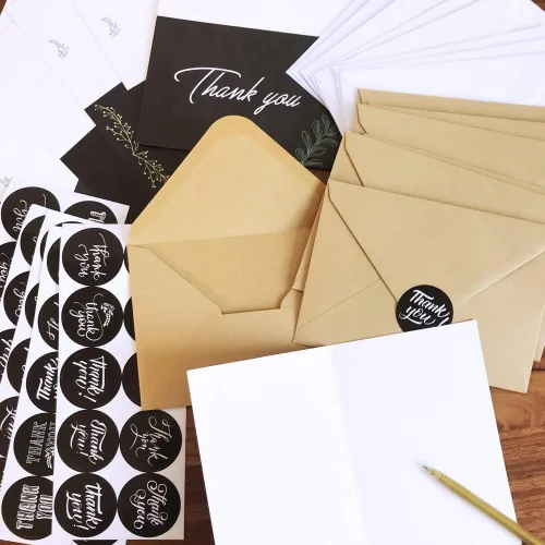 Vista 6 de Supla 150 juegos de tarjetas de agradecimiento con sobres, calcomanías de agradecimiento a granel, 6 diseños de pizarra floral de agradecimiento