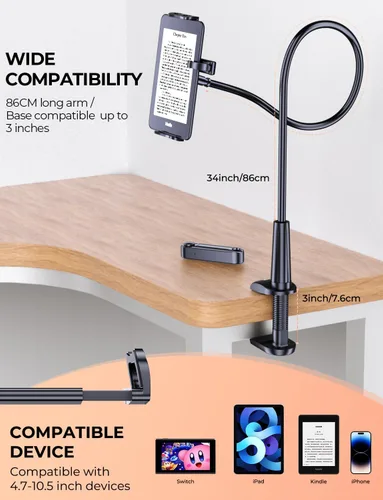 Vista 5 de Tryone Soporte para Tableta de Cuello de Ganso con Pasador de Páginas para Lectura de Kindle en la Cama: Soporte de Brazo Perezoso Ajustable