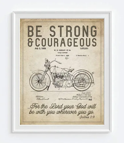 Vista 2 de Letrero artístico con texto en inglés «Be Strong and Courageous Joshua 1:9» con versículo bíblico de patente sin marco, patente de motocicleta