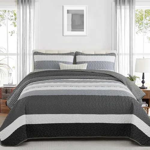 Vista 22 de Dinjoy Juego de edredón bohemio tamaño matrimonial, 3 piezas de edredón a rayas gris oscuro, juego de ropa de cama acolchado de microfibra suave