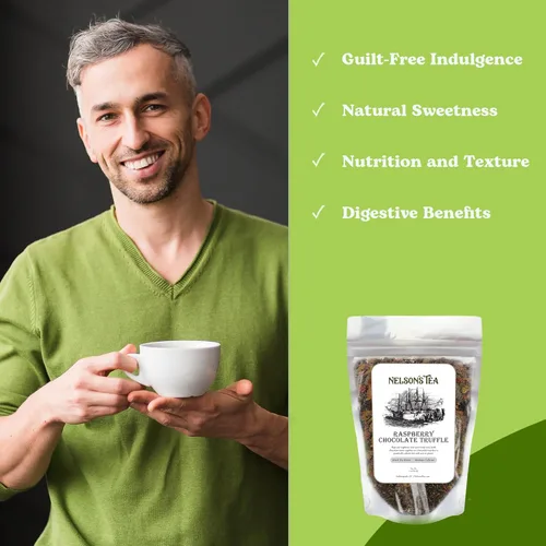 Vista 4 de Nelson's Tea Trufa de chocolate y frambuesa: té negro de hojas sueltas con hoja de frambuesa, rooibos, esencia de trufa, algarrobas, hibisco
