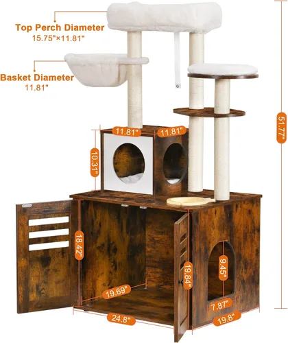 Vista 3 de Heybly Árbol para Gatos, Caja de Arena de Madera con Estación de Comida, Muebles para Gatos de Interior Todo en Uno con Plataforma Grande