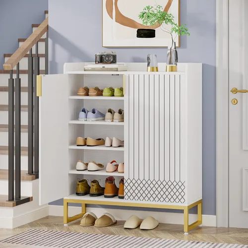 Vista 4 de Shoe Cabinet, 26 Pairs Shoe Storage Cabinets with Doors, 5 Tiers White Gold Wood Shoes Organizer Cabinet for Entryway Bedroom Hallway Living Room