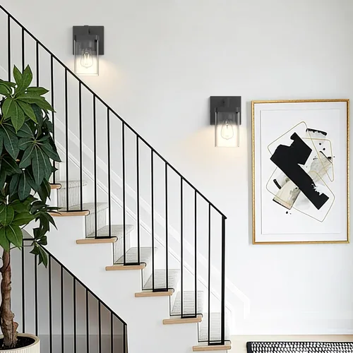 Vista 8 de Juego de 2 apliques de pared, diseño cuadrado, accesorios de iluminación de baño con pantalla de vidrio transparente, luces de pared negras mate