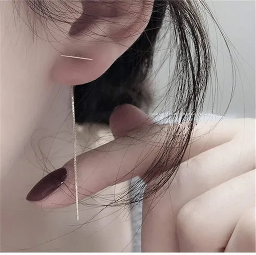 Vista 2 de Pendientes minimalistas para mujer y niña S925 de plata de ley con borla larga colgante de hilo de alambre simple piercing de oreja con cierre