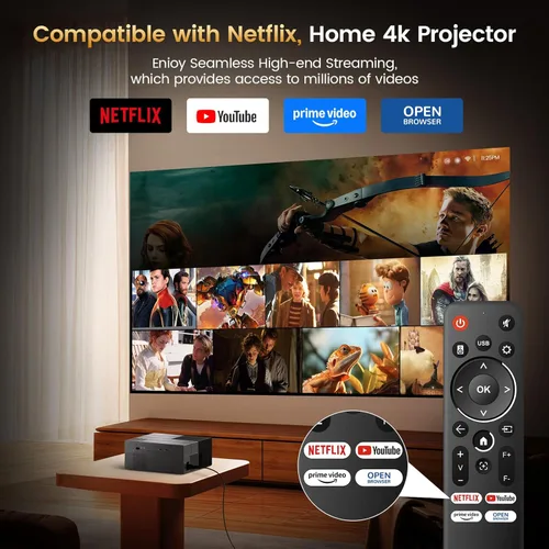 Vista 2 de 4K Projector with Built-in Apps, 1500 ANSI/Compatible with Netflix/Dolby Audio Smart Projector with WiFi 6 and Bluetooth 5.3,Outdoor Movie Proyector