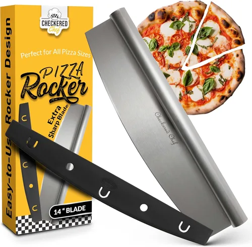 Cortador de pizza de chef a cuadros, cuchilla afilada con tapa. Acero inoxidable resistente. La mejor manera para cortar pizzas y más. Seguro para