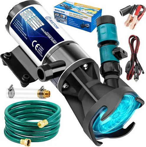 Bomba maceradora RV de 12 V, bomba de agua residual RV de 12 GPM, bomba de alcantarillado autocebante con puerto de descarga de manguera de jardín