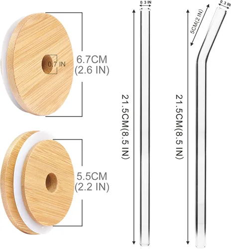 Vista 2 de ANOTION Tapas de bambú para vidrio en forma de lata, tapas para tarros Mason con agujero para pajilla, 4 tapas de bambú reutilizables para beber