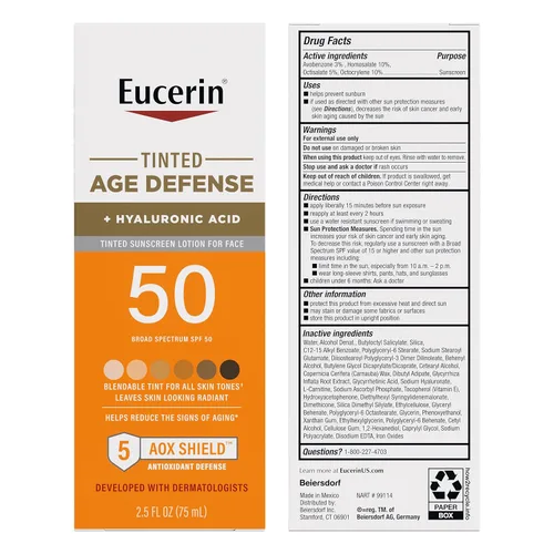 Vista 9 de Eucerin Sun Tinted Age Defense - Loción de protección solar facial SPF 50 con ácido hialurónico, protector solar tintado para cara, tinte mezclable