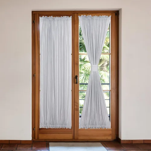 Vista 2 de 2 cortinas semitransparentes beige para puerta delantera francesa, con bolsillo para barra, paneles cortos de gasa de encaje con alzapaños, zigzag