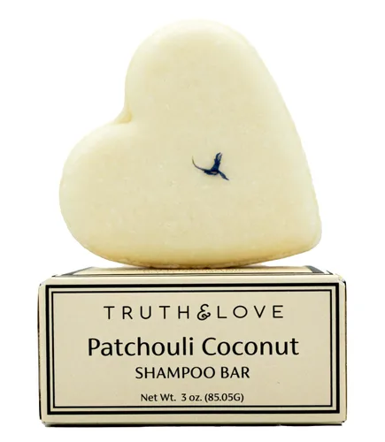 Truth & Love Beauty Barra de champú de coco de pachulí para cabello seco dañado, sostenible, sin plástico, ecológico, libre de crueldad,