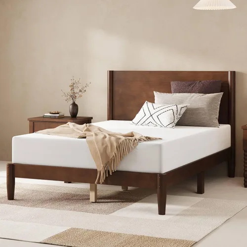Vista 15 de AMERLIFE Marco de cama individual de madera maciza, cama de plataforma moderna de mediados de siglo con cabecera de panel completo, patas
