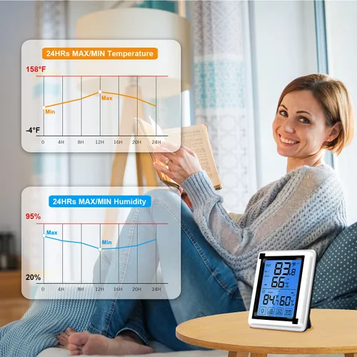 Vista 4 de Medidor de humedad higrómetro, termómetro inalámbrico para interiores y exteriores con 1 sensor remoto, termómetro de habitación para el hogar