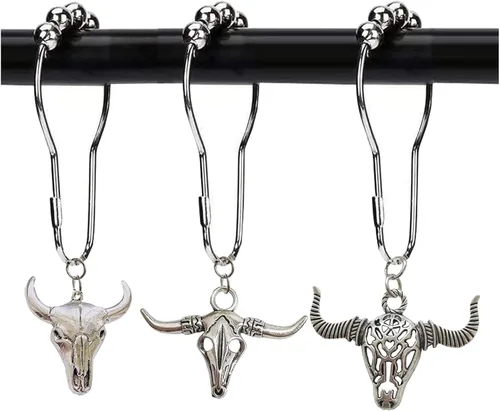 Vista 4 de Ganchos para cortina de ducha de vaca, 12 piezas de acero inoxidable a prueba de óxido, accesorios para colgantes de calaveras de toro, vida