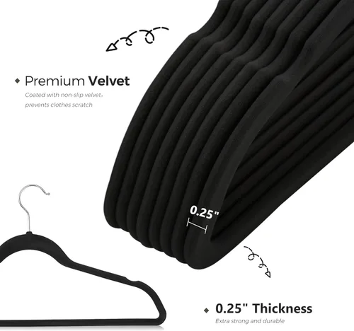 Vista 3 de Cozymood Perchas de terciopelo negro, paquete de 60 unidades, antideslizantes, duraderas, perchas para trajes que ahorran espacio, sin