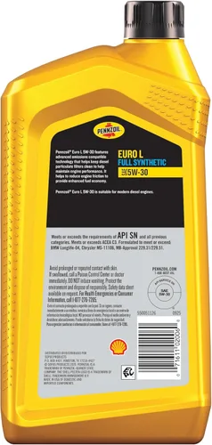 Vista 2 de Pennzoil Platinum Euro L - Aceite de motor sintético completo 5W-30, 1 cuarto de galón