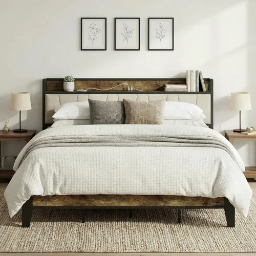 Vista 18 de LIKIMIO Base de cama tamaño King, cabecera de almacenamiento con estación de carga, sólida y estable, sin ruido, no necesita somier, fácil montaje