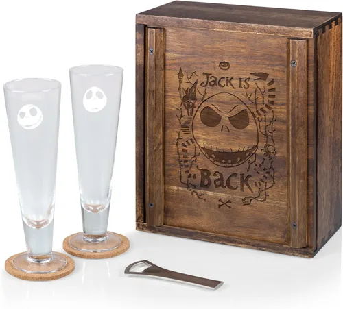 Vista 6 de PICNIC TIME Disney - Juego de vasos de regalo de Mickey Mouse y Minnie Mouse, cristalería grabada de 12 onzas con abrebotellas de madera de acacia