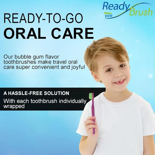 Vista 5 de READYBRUSH JR 30 Cepillos de dientes reutilizables para niños prepegados con pasta de dientes sabor a goma de mascar en las cerdas, cepillos