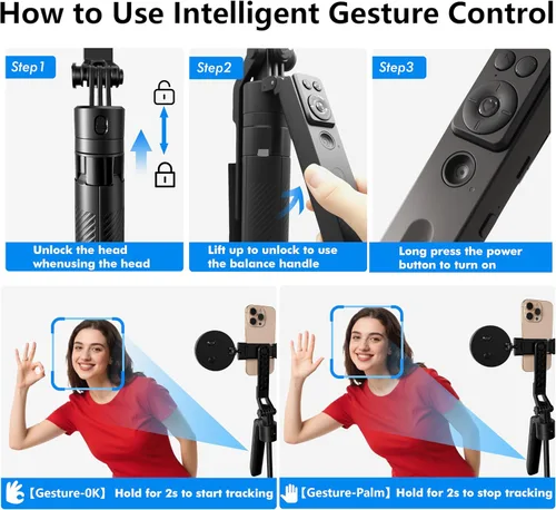 Vista 4 de Trípode para selfie stick de seguimiento automático con luz de llenado, rotación de 360 grados y control de gestos, trípode para selfie stick