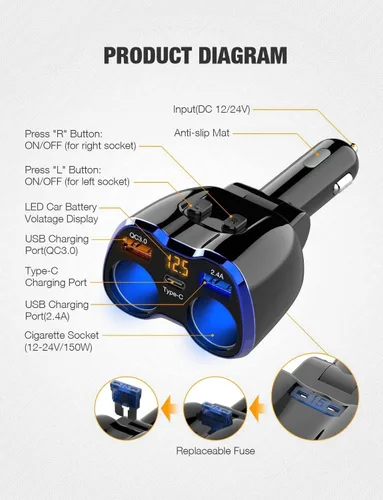 Vista 6 de Cargador de coche, 150 W, 2 enchufes, divisor de encendedor de cigarrillos QC 3.0 puertos USB duales, 1 USB C adaptador rápido para automóvil