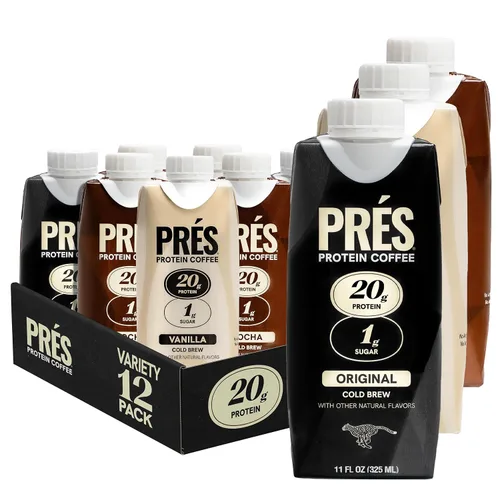 Vista 7 de PRES - Café proteico, variedad, alto en proteínas, cerveza fría real, 0.71 onzas de proteína, 0.4 oz de azúcar, 100 calorías, aperitivos