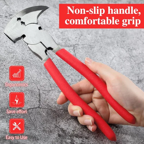 Vista 6 de Alicates de esgrima de 9.5 pulgadas, herramienta de valla multiusos con cabeza de martillo, cortadores de alambre, torsión de alambre, extractor