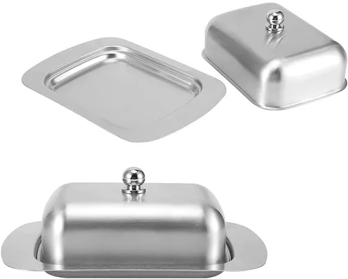 Vista 9 de Mantequillera con tapa, recipiente de mantequilla de acero inoxidable para mantequilla y queso, caja de almacenamiento de mantequilla con asa