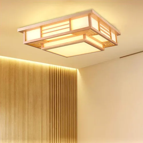 TFCFL Lámpara de techo LED de madera, atenuación remota, estilo japonés, lámpara de techo cuadrada, estilo zen, cerca de la luz de techo para