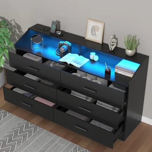 Vista 5 de Cómoda de 6 cajones, cómoda para dormitorio con toma de corriente, cómoda moderna con luz LED, cómoda de almacenamiento con compartimento de Negro