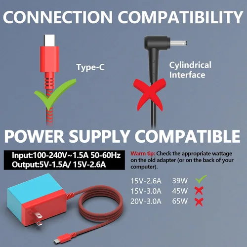 Vista 7 de 39 W para cargador Nintendo Switch, cable adaptador de corriente alterna, cable de alimentación para interruptor controlador OLED Lite 15V 2.6A USB