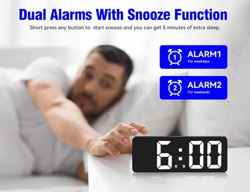 Vista 3 de Reloj despertador digital con pantalla LED grande con 2 ajustes de alarma, brillo de 5 niveles, 1224 horas, repetición, control de voz