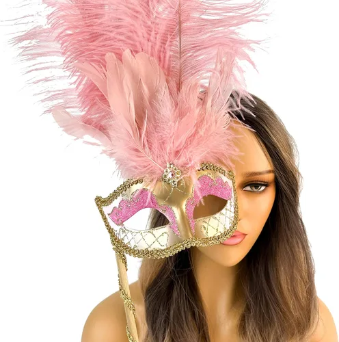 Máscara veneciana con palo de sujeción para mujer, máscaras de plumas Mardi Gras, máscaras de baile de máscaras para mujer