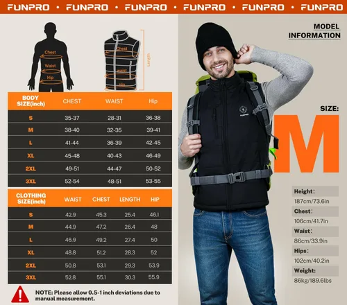 Vista 6 de FUNPRO Heated Vest men, Lightweight Heated Jacket with 10000mAh Battery Pack, 5 in 1 Smart Controller, Lights-out Design