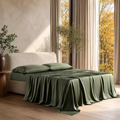 Vista 3 de EverGrace Tencel™ Sheet Set, Breathable & Cooling, Queen, Dark Olive Green Cooling, Luxury Silky Soft, Lyocell TENCEL Sheets, Breathable Bedding for