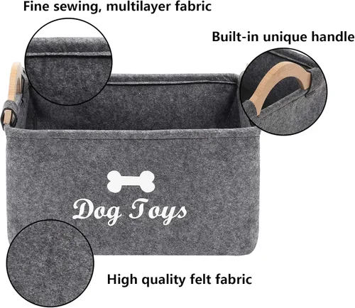 Vista 4 de Geyecete Cesta plegable para juguetes para perros con mango de madera, gran contenedor de almacenamiento de suministros para mascotas gris oscuro