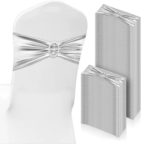 Vista 14 de CHENGU 150 cintas elásticas de elastano para silla, lazos elásticos para silla, lazos con hebilla deslizante para bodas, fiestas, recepciones, Azul