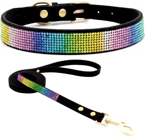 Vista 14 de Conjunto de collar y correa para perro y gato, material de piel de ante suave, deslumbrante y elegante con diamantes de imitación de cristal, collar