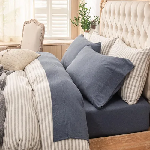 Vista 13 de PURE ERA - Juego de sábanas punto jersey de 4 piezas, 100% algodón, supersuaves, cómodas, transpirables, para colchones de hasta 20 pulgadas, Gris