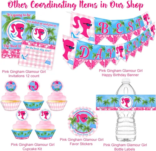 Vista 3 de Pink Gingham Glamour Girl Party - 20 etiquetas para botellas de agua