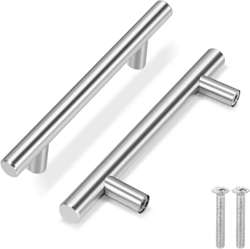 Flexzion Paquete de 25 manijas plateadas para cajones de cocina de 6 pulgadas, 3.7 pulgadas entre agujeros, barra en T de acero inoxidable con